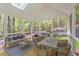Relaxing screened porch with seating area and dining table, overlooking wooded backyard at 1817 N Lakeshore Dr, Chapel Hill, NC 27514