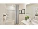 Bathroom with shower/tub combo and single vanity at 401 Shorthorn Dr, Wake Forest, NC 27587
