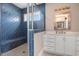 Bathroom with blue tile shower and a built-in bench at 6920 Will Let Ln, Wake Forest, NC 27587
