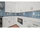 White kitchen cabinets with blue tile backsplash and built-in oven at 109 November Dr, Durham, NC 27712