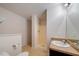 Bathroom with shower stall, vanity, and tiled floors at 128 Dove Cottage Ln, Cary, NC 27519