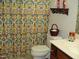 Small bathroom with patterned shower curtain at 334 Ira B Tart Rd, Dunn, NC 28334