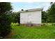 White storage shed with stone base and wooden door at 8401 Mitchell Mill Rd, Zebulon, NC 27597