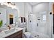Clean bathroom with single vanity and shower at 2865 Silk Hope Gum Springs Rd, Pittsboro, NC 27312