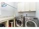 Convenient laundry room with LG washer and dryer, and cabinets at 9 Mist Wood Court, Pittsboro, NC 27312