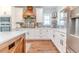 Modern kitchen with white cabinets, a wooden range hood, and patterned backsplash at 997 Jackson Rd, Fuquay Varina, NC 27526