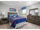 Blue themed bedroom with carpeted floor and window view at 188 Day Farm Dr, Lillington, NC 27546