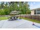 Outdoor patio with dining table set and umbrella at 609 Meadowgrass Ln, Wake Forest, NC 27587