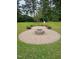 Landscaped backyard with a brick fire pit and patio at 95 Crownside Dr, Four Oaks, NC 27524