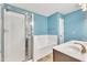 Bathroom with a shower, tub and double vanity at 401 Coalinga Ln # 109, Raleigh, NC 27610