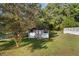 White storage shed with red trim in the backyard at 2063 Knight St, Creedmoor, NC 27522