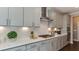 Modern kitchen with gray cabinets and herringbone backsplash at 2925 Hanging Valley Way # 397, Wake Forest, NC 27587