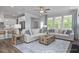 Bright living room with light beige sofas, wooden coffee table, and large windows at 5013 Trotter Dr, Raleigh, NC 27603