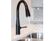 Close-up of modern matte black kitchen faucet with water running at 420 Oak Park Blvd, Youngsville, NC 27596