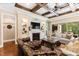 Spacious living room featuring a fireplace and comfortable leather sofas at 2117 Blue Haven Ct, Wake Forest, NC 27587