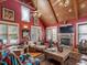 Rustic living room with red walls, wood-beamed ceiling, and cozy seating at 548 Double N Rd, Pittsboro, NC 27312