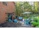 Brick patio with seating area, heater, and lush landscaping at 1148 Sturdivant Dr, Cary, NC 27511