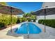 Clean lines, refreshing blue pool with patio and umbrellas at 117 Hardy Oaks Way, Holly Springs, NC 27540