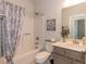 Bathroom with tub shower combination and neutral decor at 108 Northwood Dr, Fuquay Varina, NC 27526