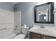 Clean bathroom with single vanity, toilet and shower/tub combo at 2633 Vega Ct, Raleigh, NC 27614