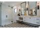Spa-like bathroom with a large shower, double vanity, and patterned tile floor at 013 Bartley Holleman Rd # 13, New Hill, NC 27562