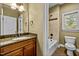Small bathroom with granite countertop and tub/shower combo at 110 Bywater Way, Chapel Hill, NC 27516