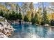 Luxury pool with waterfall feature and natural stone landscaping at 110 Bywater Way, Chapel Hill, NC 27516