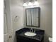 Bathroom with dark vanity, oval sink, and mirror at 1242 Shadowbark Ct, Raleigh, NC 27603