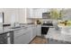 Modern kitchen with gray cabinets, granite countertops, and stainless steel appliances at 131 Holmes Corner Dr, Smithfield, NC 27577