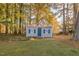 Small storage shed in backyard with green door and white shutters at 185 Franklin Ln, Henderson, NC 27537