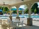 Covered patio area with tables overlooking the pool at 190 Nimble Way # 218, Clayton, NC 27520