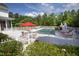 Relaxing pool area with patio furniture and lush landscaping at 1153 Four Wheel Dr, Wake Forest, NC 27587