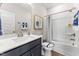 Clean bathroom with a shower/tub combo and a modern vanity at 1510 Village Hall Ln # 44, Wake Forest, NC 27587