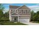 Two story home with beige siding, teal door and white garage door at 160 Blue Butterfly Dr, Angier, NC 27501
