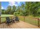Wooden deck with two adirondack chairs and grassy backyard at 110 Tobacco Woods Dr, Youngsville, NC 27596