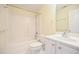 Clean bathroom with shower/tub combo and white vanity at 1521 Upchurch Woods Dr, Raleigh, NC 27603