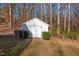 White storage shed nestled in wooded backyard at 81 Churchwood Ln, Pittsboro, NC 27312