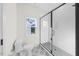Clean bathroom with white subway tile and geometric floor tile at 2503 Lednum St, Durham, NC 27704