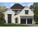 Two-story home with white brick exterior, black garage doors, and landscaping at 307 S Elm St, Apex, NC 27502