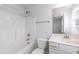 Small bathroom with white vanity, toilet, and shower/tub combo at 68 Northwood Dr, Fuquay Varina, NC 27526