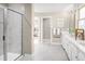 Large bathroom with double vanity and walk-in shower at 8913 Stratus St, Willow Springs, NC 27592