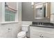 Elegant powder room features a dark vanity, white toilet and decorative tile at 3319 Milton Rd, Raleigh, NC 27609