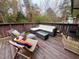 Relaxing wooden deck with outdoor furniture and wooded view at 1120 Northview St, Garner, NC 27529