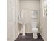 Bathroom with pedestal sink, white toilet, and dark wood-look flooring at 204 Maggie Ln, Roxboro, NC 27573