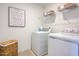 Laundry room with washer, dryer, and storage shelving at 26 Shay St, Angier, NC 27501