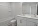 Modern bathroom featuring white vanity, bathtub, toilet, and neutral flooring at 432 Ashley Run, Sanford, NC 27330