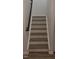 Modern staircase with dark metal railing and wood-look treads at 2816 Smoke Pl, Raleigh, NC 27610