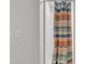 Small bathroom with shower stall and striped shower curtain at 101 Creekside Dr, Selma, NC 27576