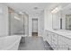 Modern bathroom boasts double vanity, soaking tub, and walk-in shower at 409 Reinsman Ct, Mebane, NC 27302