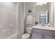 Clean bathroom with shower/tub combo, toilet, and vanity at 909 Jasper Mine Trl # 740 Galvani, Raleigh, NC 27610